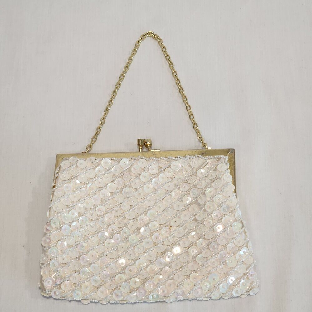 VTG Beaded Sequin Purse Ivory Evening Bag Gold Chain Strap Kisslock Handbag‎ 6x5